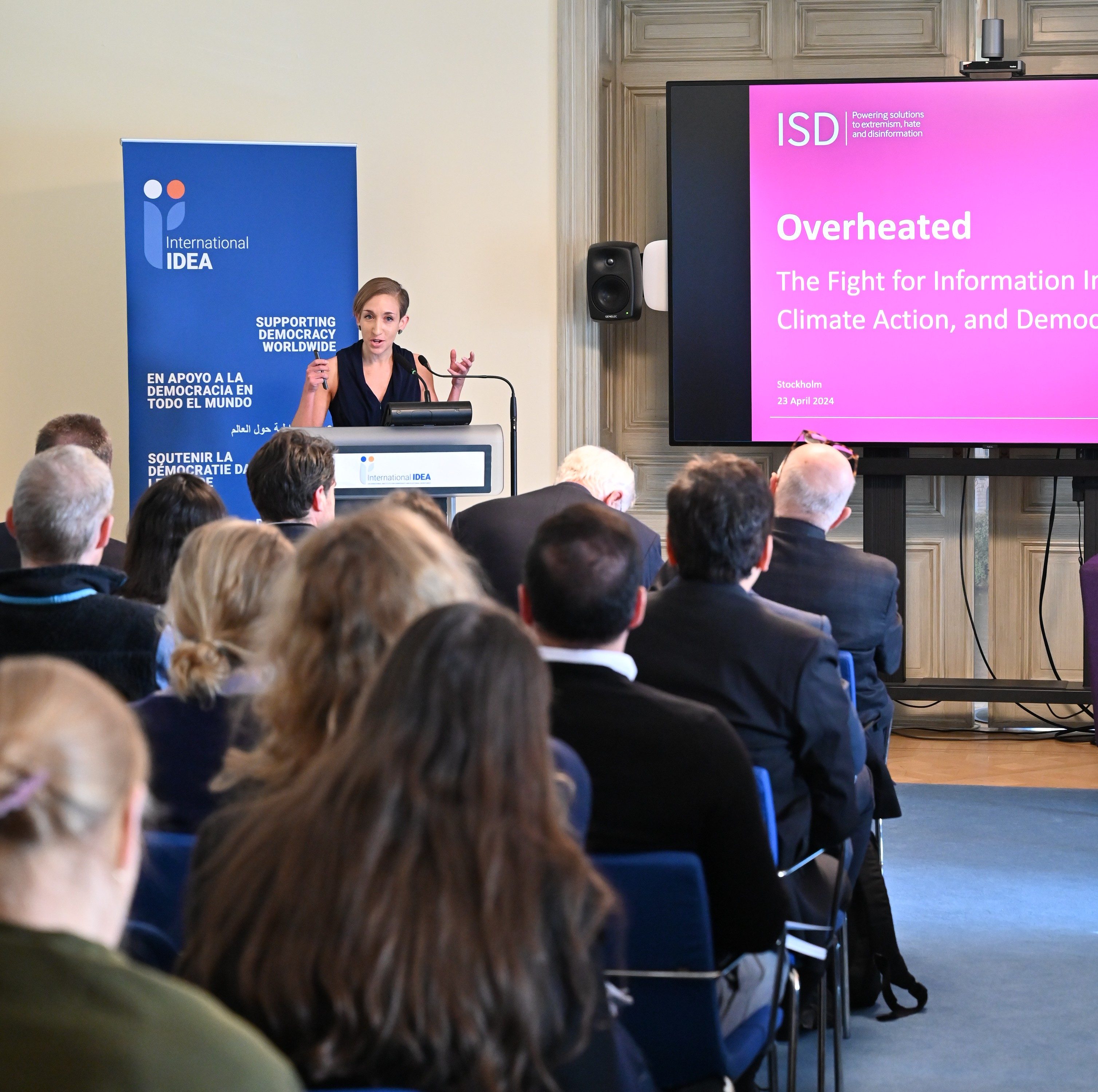 Jennie King, Director of Climate Policy and Research at the Institute for Strategic Dialogue, gives the inaugural lecture of the Stockholm Series of Public Lectures on Climate Change and Democracy at International IDEA’s headquarters in Stockholm on 23 April 2024. Credit: International IDEA